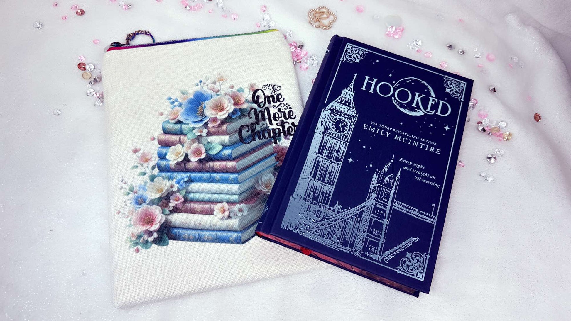 ersonalised book sleeve by Roxana Roveno special designed with spring flowers and a stack of Books with Flowers perfect gift for Woman's Day and Mother's Day perfect fit for books like Hooked 