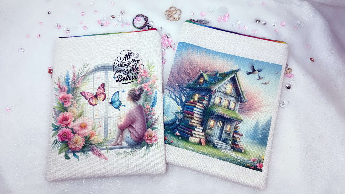 Personalised book sleeve by Roxana Roveno designed with a girl around spring flowers and a quote 'All things are possible if you Believe' an back side a house of books in a spring background special gift for a book lover