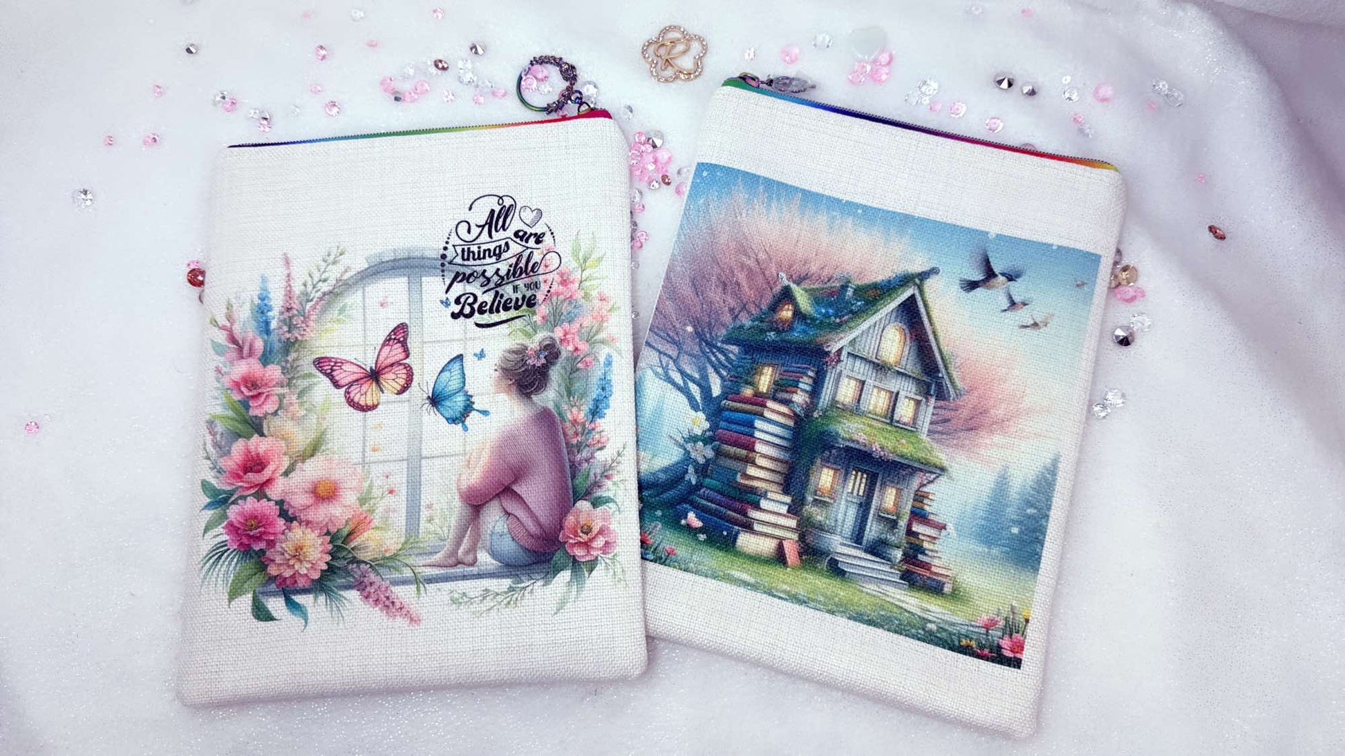 Personalised book sleeve by Roxana Roveno designed with a girl around spring flowers and a quote 'All things are possible if you Believe' an back side a house of books in a spring background special gift for a book lover