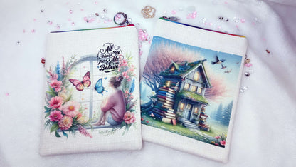 Personalised book sleeve by Roxana Roveno designed with a girl around spring flowers and a quote 'All things are possible if you Believe' an back side a house of books in a spring background special gift for a book lover