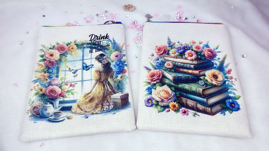 Personalised book sleeve by Roxana Roveno Special designed With Flowers and books special gift for a book lover perfect for Mother's day and Woman's day design for face and back 