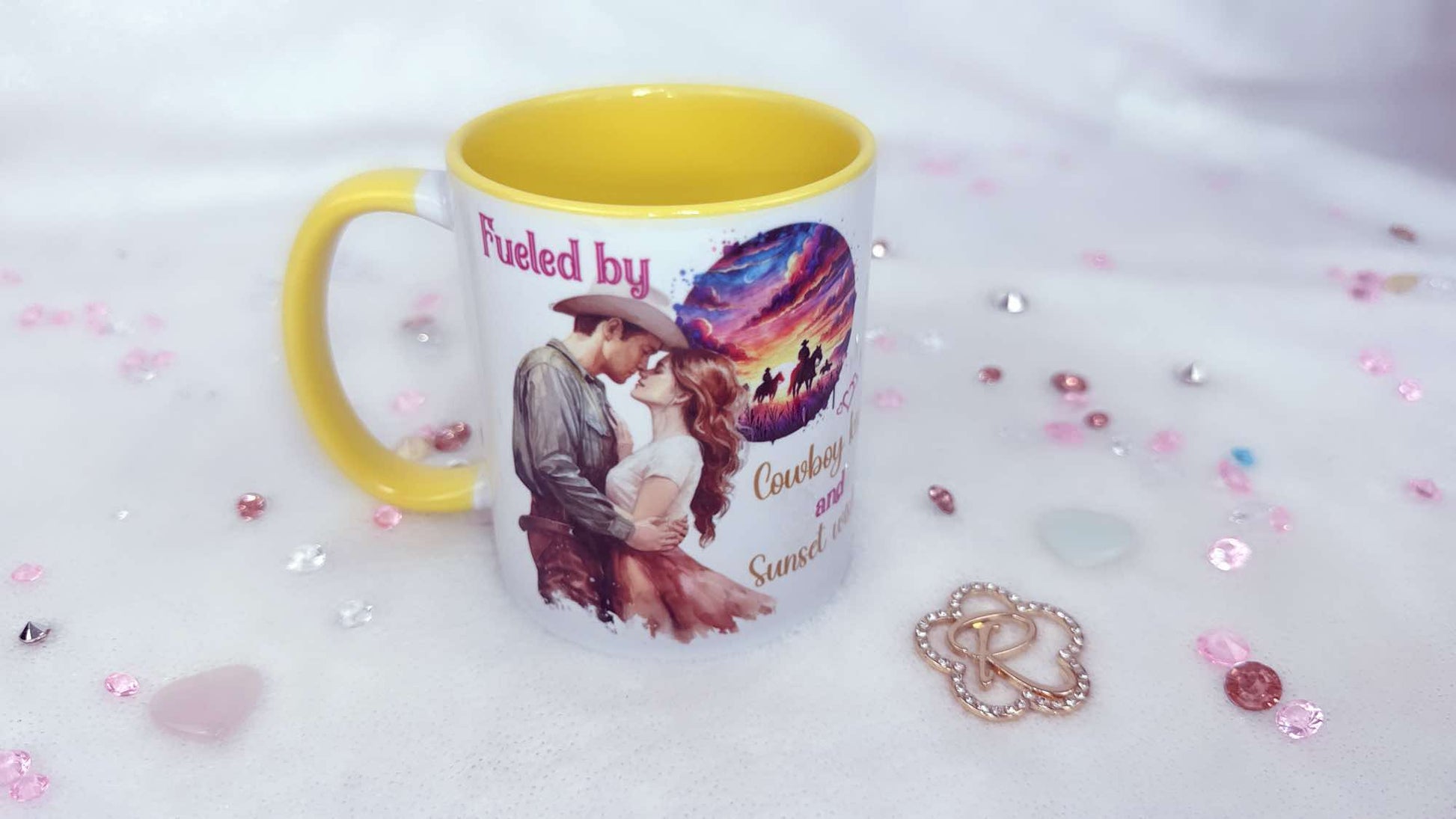Personalised mug by Roxana Roveno with a quote 'Fueled by cowboy kisses and sunset wishes' and cowboy lovers perfect gift 