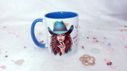 Personalised mug by Roxana roveno with a Elegant Cowgirl with turquoise Jewelry designed by Roxana Roveno perfect gift for Woman's day and Mother's day 