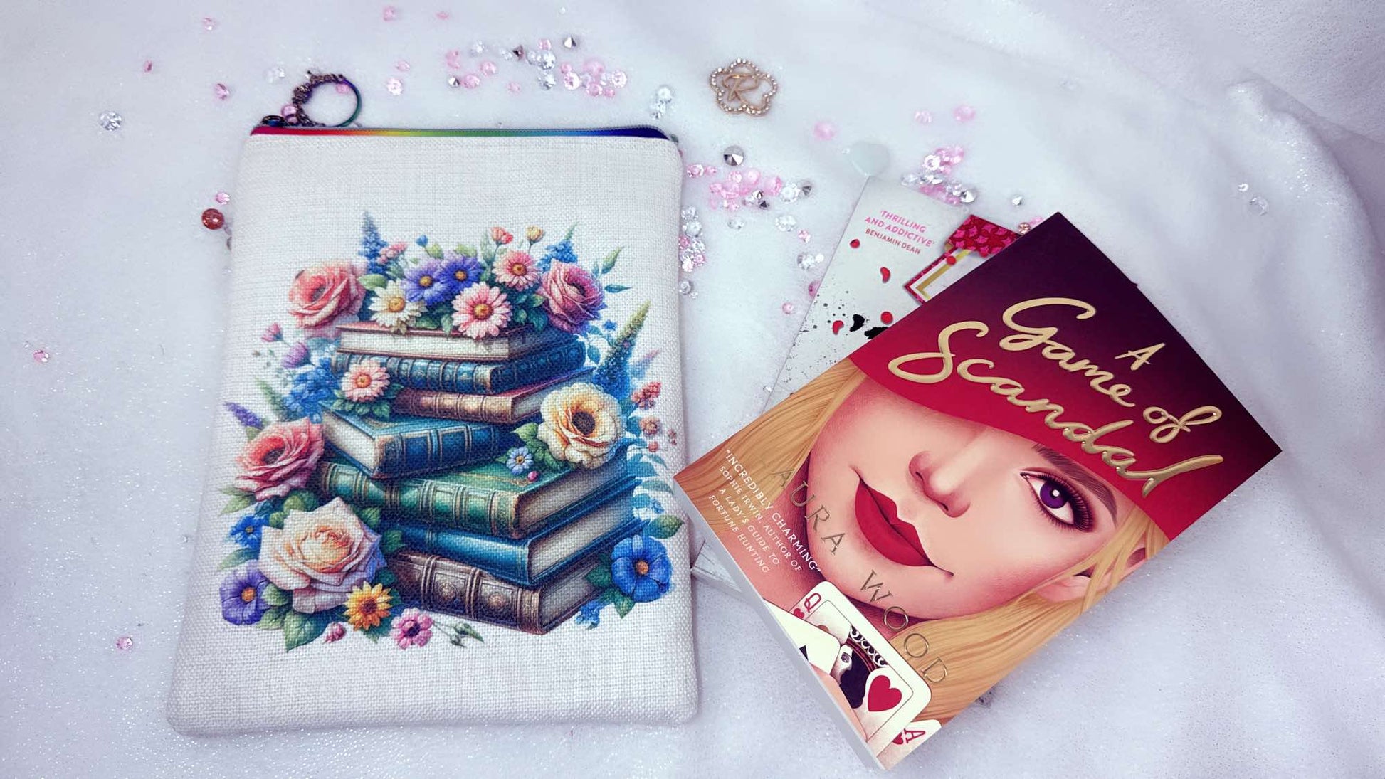 Personalised book sleeve by Roxana Roveno Special designed With Flowers and books special gift for a book lover perfect for Mother's day and Woman's day designed with a stack of vintage books and spring flowers perfect size for paper back books