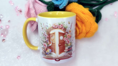 Personalised Mug by Roxana Roveno with Spring flowera and a magic door with spring flowers and classic books Perfect gift for Mother's Day Woman's Day Book lover 