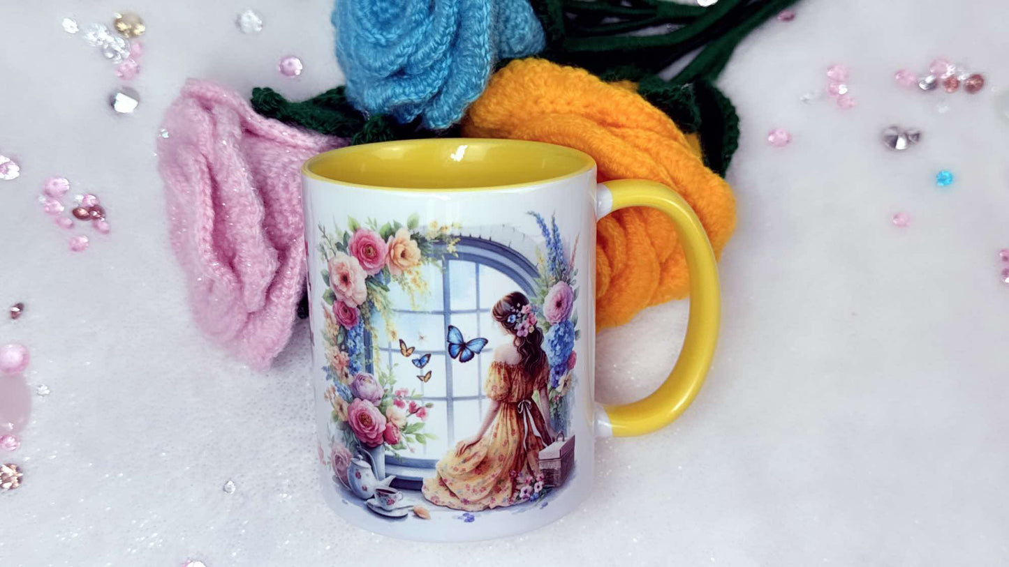Personalised Mug by Roxana Roveno with Spring flowers and a girl in a yellow dress Perfect gift for Mother's Day Woman's Day Book lover  