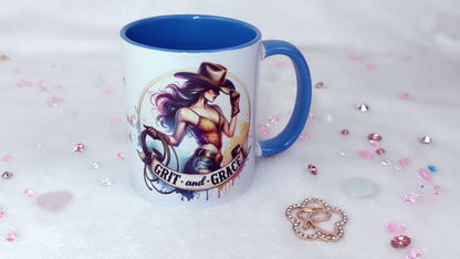 Personalised mug by Roxana roveno with a Elegant Cowgirl with turquoise Jewelry designed by Roxana Roveno perfect gift for Woman's day and Mother's day Grit and Grace 