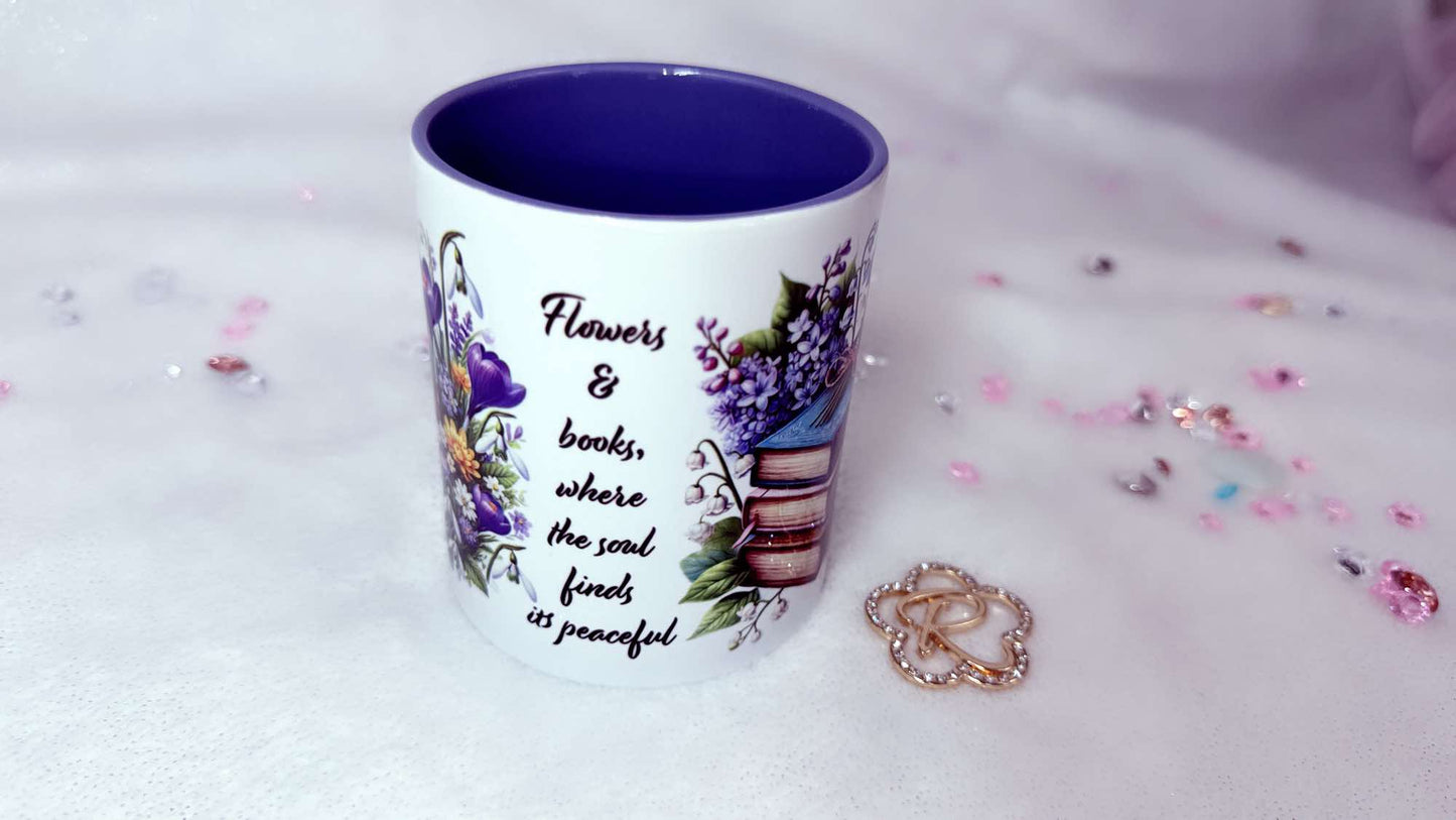 Personalised Mug by Roxana Roveno with Spring flower Perfect gift for Mother's Day Woman's Day Book lover and a quote 'Flowers and Books, where the soul finds its peaceful'