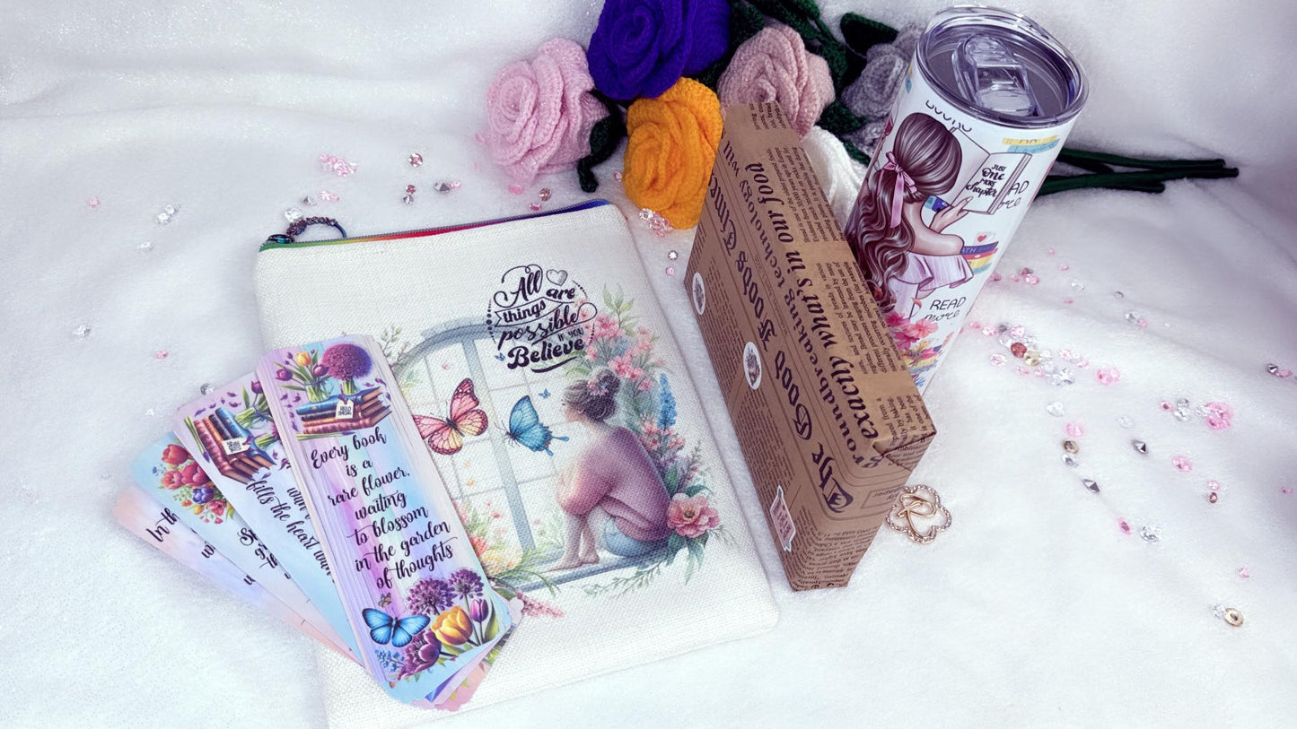 Blind date with a book personalised gift set perfect gift for a book lover designed by roxana roveno which include a book sleeve with a gitl and flowers ant quote 'all things are possible' a tumblerand a set of laminated bookmarks and a secret book