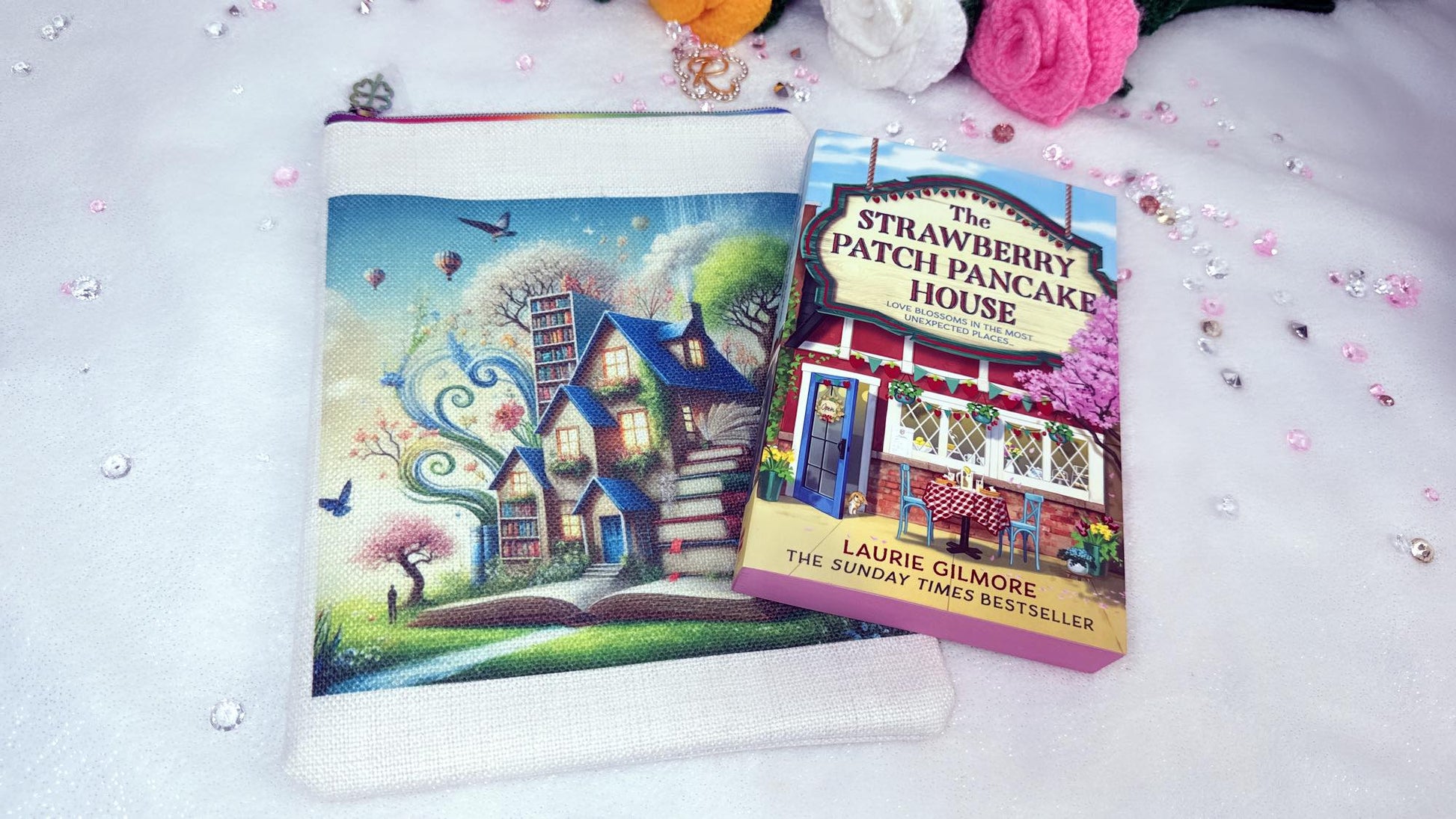 Personalised Handmade book sleeves by RoxanaRoveno perfect gift for a book lovere designed with a house of books perfect size for book s like 'the strawberry patch pancake house' by Laurie gilmore