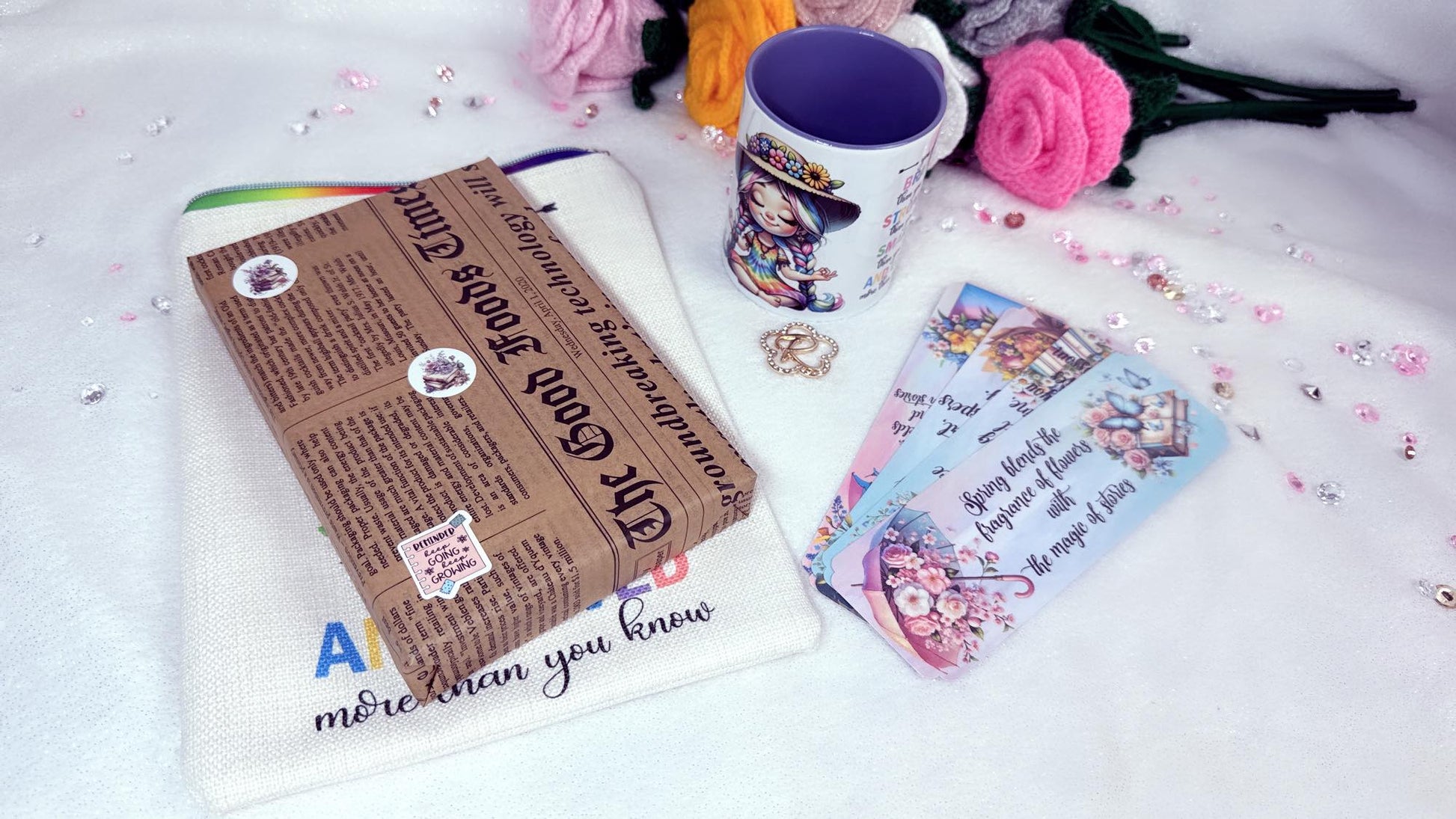 personalised gift set by RoxanaRoveno which include a book sleeve, matching mug and spring laminated book set and a blind date with a book