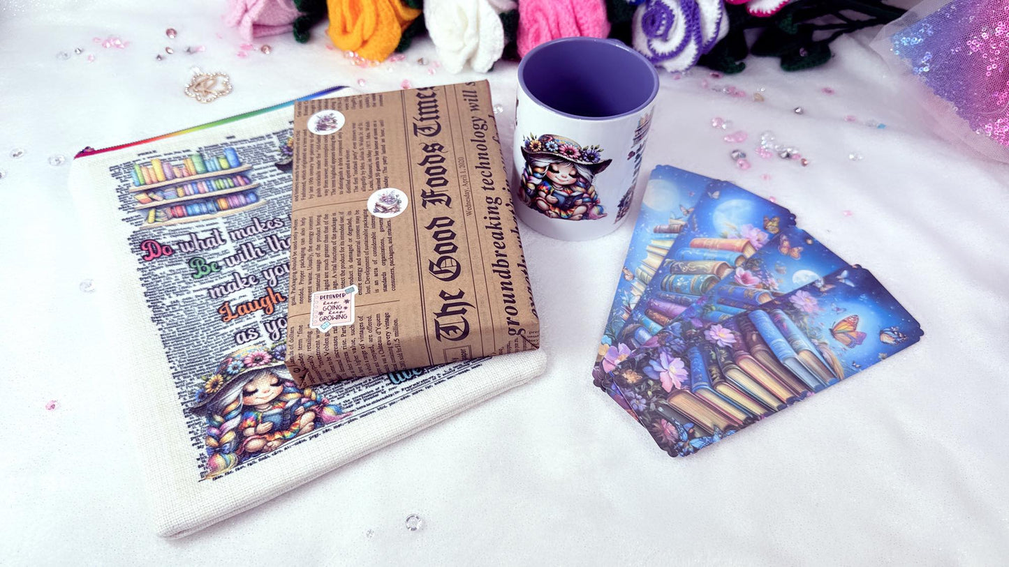 Personalised gift set for a book lover by roxana roveno designed book sleeve with a rainbow girl reading and a mug matching the book sleeve, also set of laminate bookmarks erfect gift for a bookish and completed by a blind date with a book