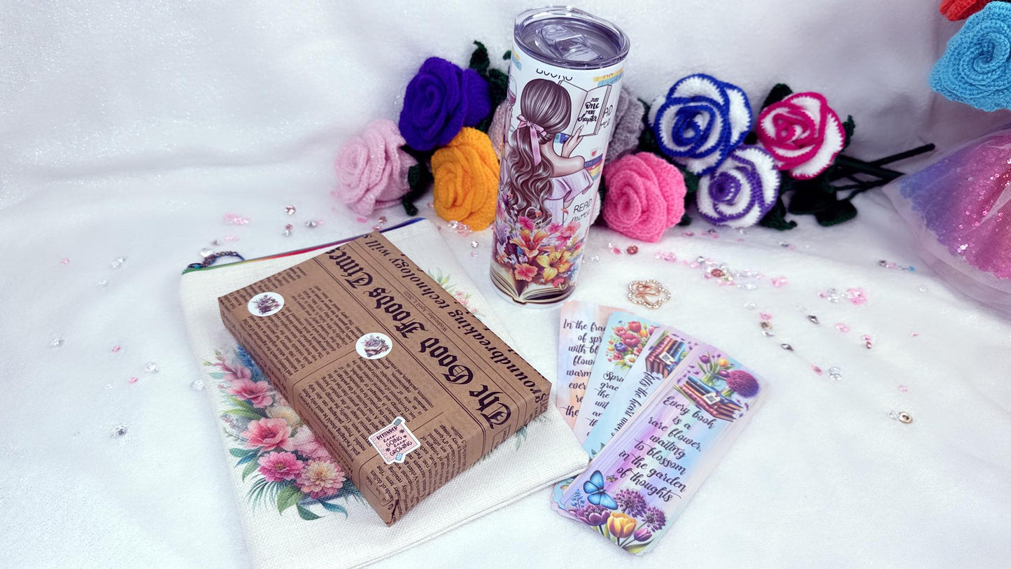 Blind date with a book personalised gift set perfect gift for a book lover designed by roxana roveno which include a book sleeve with a gitl and flowers ant quote 'all things are possible' a tumblerand a set of laminated bookmarks and a secret book 