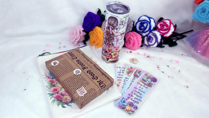 Blind date with a book personalised gift set perfect gift for a book lover designed by roxana roveno which include a book sleeve with a gitl and flowers ant quote 'all things are possible' a tumblerand a set of laminated bookmarks and a secret book 