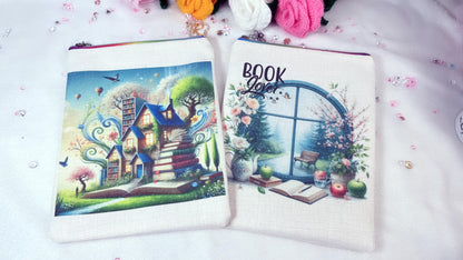 Personalised Handmade book sleeves by RoxanaRoveno perfect gift for a book lovere designed with a house of books on one side and a spring window with flowers and 'book lover' Quote in the other side 