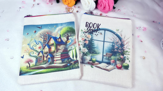 Personalised Handmade book sleeves by RoxanaRoveno perfect gift for a book lovere designed with a house of books on one side and a spring window with flowers and 'book lover' Quote in the other side 