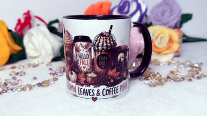 Autumn Leaves and Coffee Please 11oz mug with cosy coffee and autumn design, right view