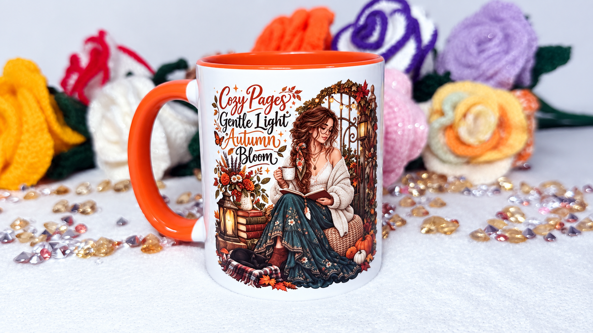 Cozy Pages autumn book lover mug with orange handle and woman reading