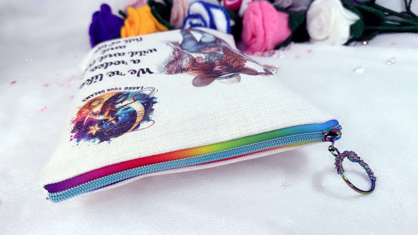 Whether you love beach reads, cowboy romances or dreamy seaside escapes, this book sleeve adds a touch of summer magic to your reading routine. handmade book sleeve designed by Roxana Roveno accessrised with rainbow zip