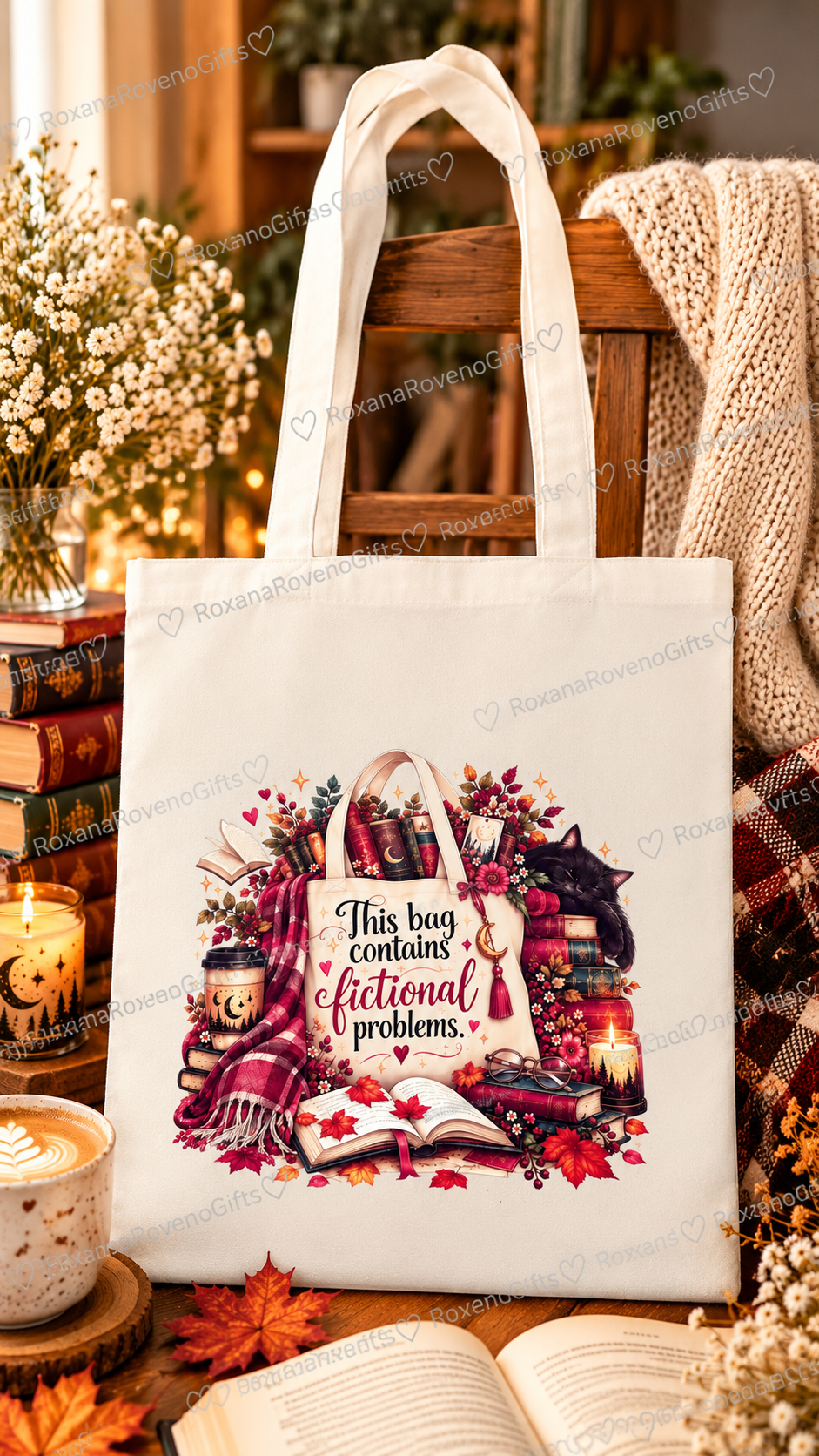 Black Cat Design

Natural cotton tote bag with black cat, books and autumn decorations, featuring the quote This Bag Contains Fictional Problems.
 Copy