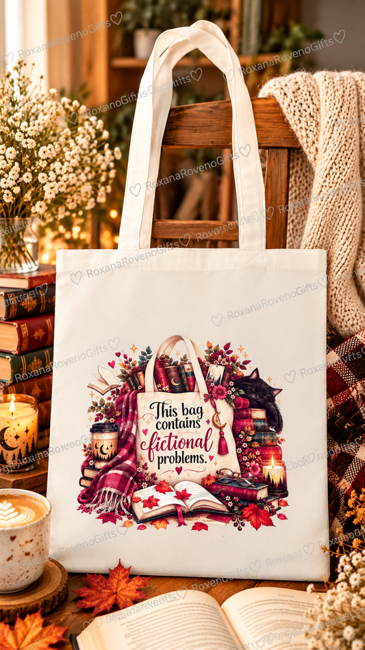 Black Cat Design

Natural cotton tote bag with black cat, books and autumn decorations, featuring the quote This Bag Contains Fictional Problems.
 Copy