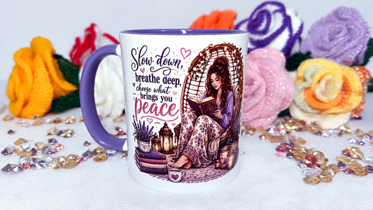 Slow Down & Read 11oz purple Book Lover Mug with cosy reader and inspirational quote