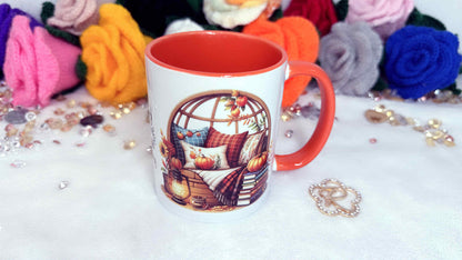 Celebrate the cosy season with our Autumn mug. Perfect for tea, coffee or hot chocolate, this autumn-themed mug makes a thoughtful gift or a treat for yourself. by roxana roveno with decorative chair for reading