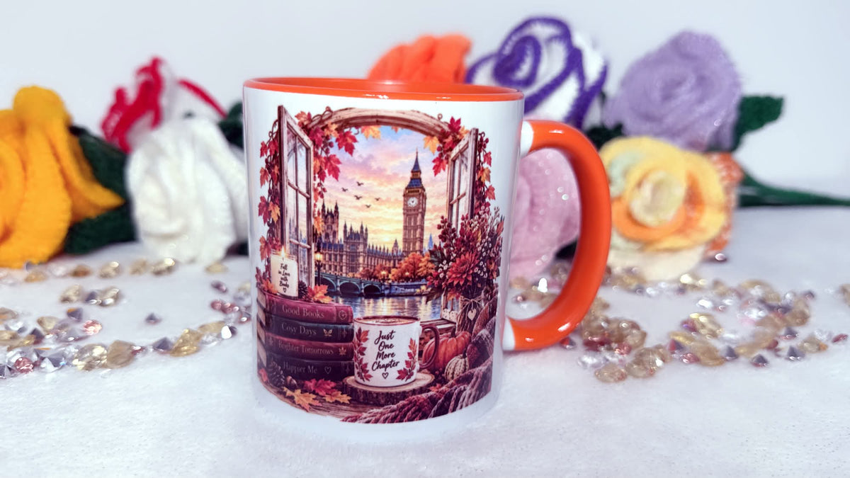 London autumn book lover mug with Big Ben books and orange handle