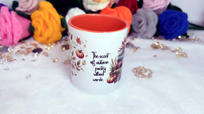 The ideal autumn gift: a cosy mug that makes every drink a seasonal treat - personalised gifts by Roxana Roveno, perdect gift for autumn book lover- quote "the scent of autumn - poetry without words"