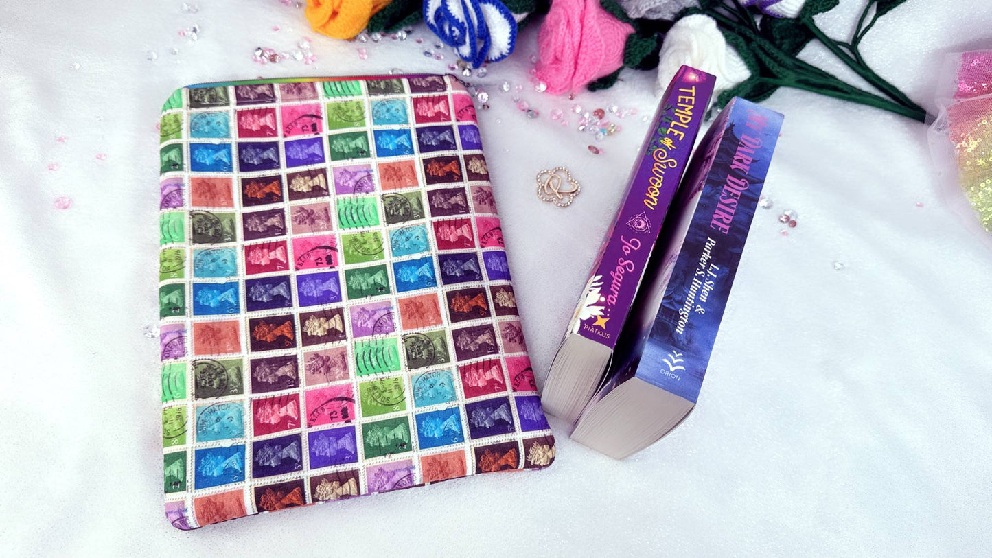 premium handmade book covers, designed for book lovers who care about their books as much as they care about reading them. special designed by Roxana Roveno, with postage stamp print book sleeve for paperback