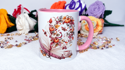 Book lover autumn mug with open book pumpkins leaves and pink handle