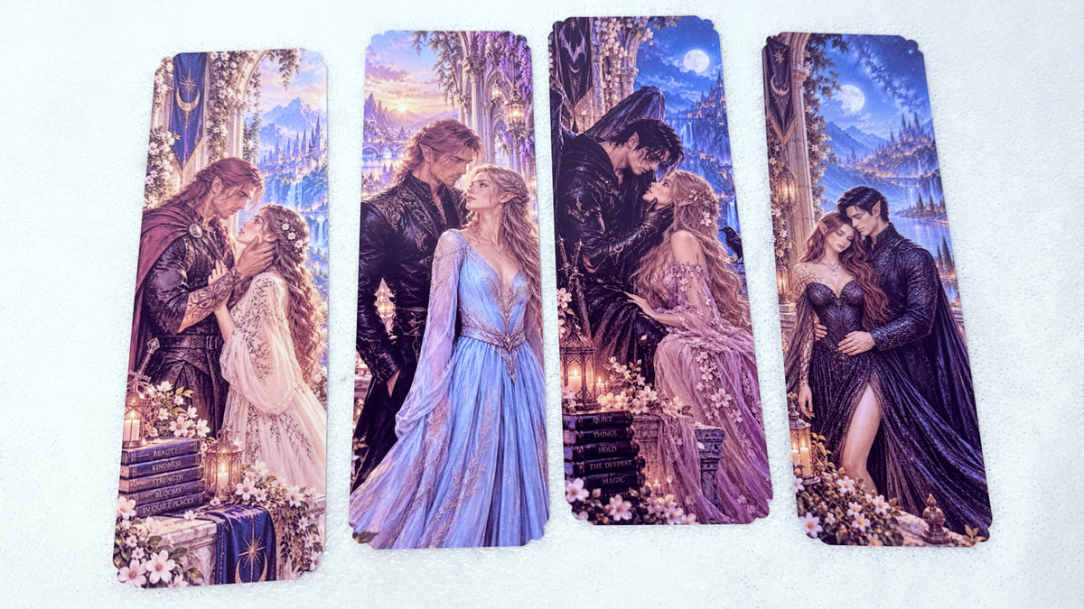 Laminated fantasy bookmarks with romantic characters and magical landscapes