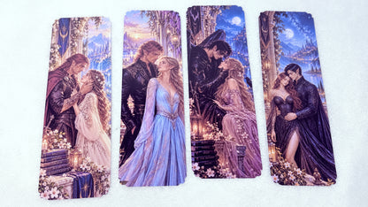 Laminated fantasy bookmarks with romantic characters and magical landscapes