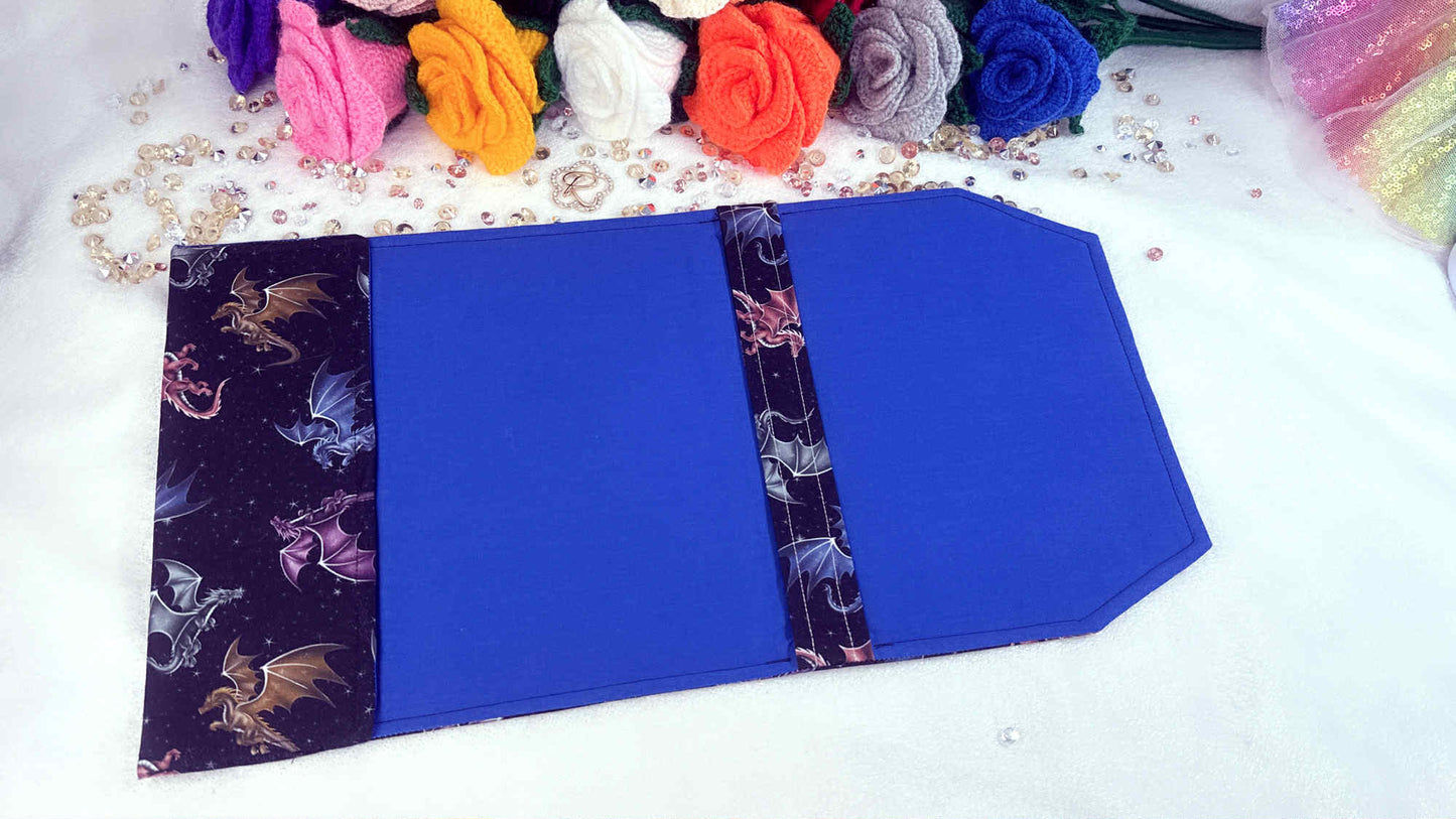 Blue fabric with purple floral pattern on a white surface