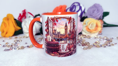 Autumn in London book lover mug with Big Ben orange handle and cosy reading design