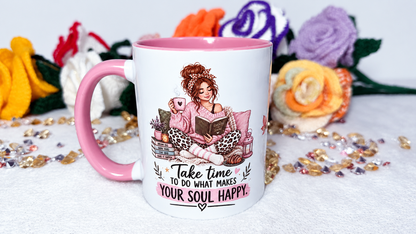 Take Time autumn book lover mug with pink handle and cosy reading design
