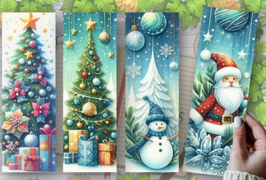 A set of four laminated paper bookmarks featuring colorful Christmas-themed illustrations, including depictions of a Christmas tree, Santa Claus, a reindeer, and snowflakes against a festive background.