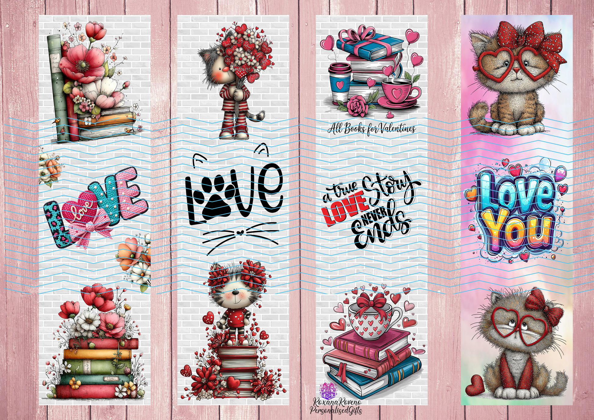 Romantic bookmark with stacked books and flowers, cosy love-themed illustration for book lovers, personalised gifts by roxanaroveno