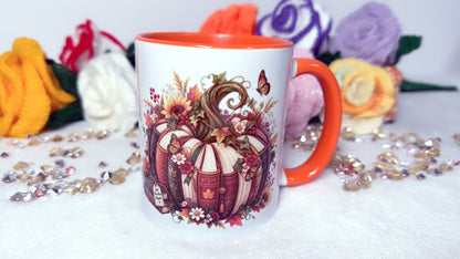 Autumn book lover mug with pumpkin made from books and orange handle