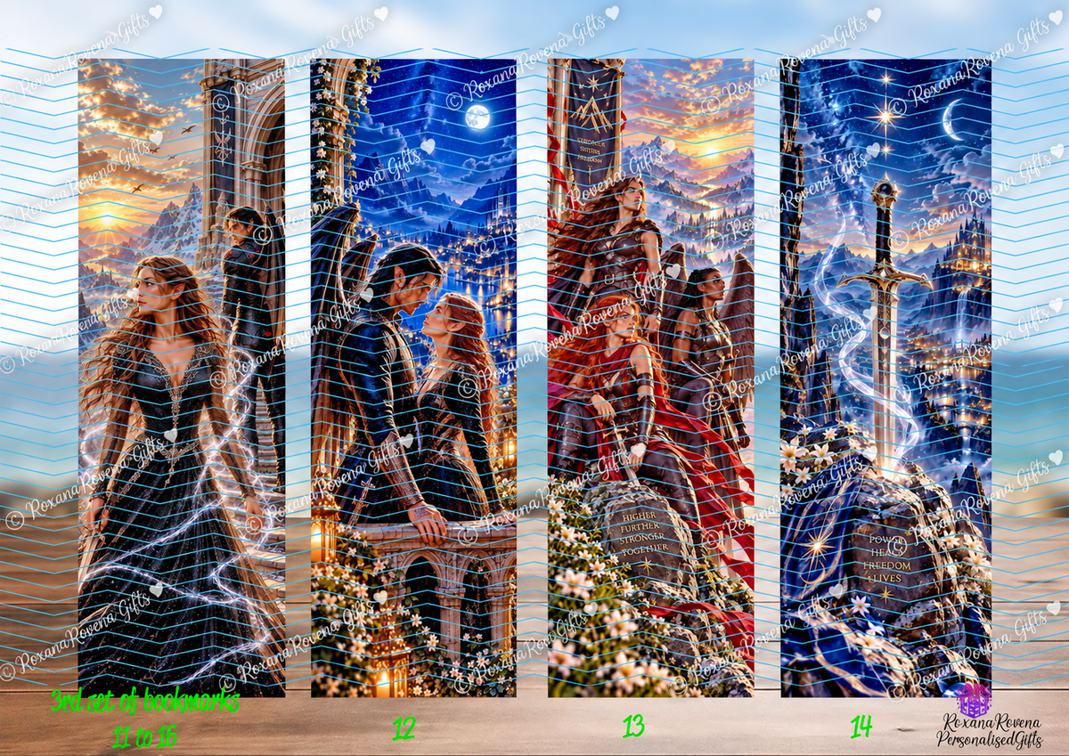 Laminated fantasy bookmarks with romantic characters and magical landscapes