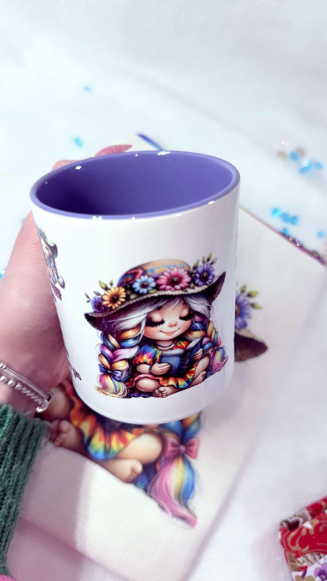personalised quotes rainbow mug designed by Roxana Roveno special created with motivational meaning for beautiful girls middle side rainbow girl reading