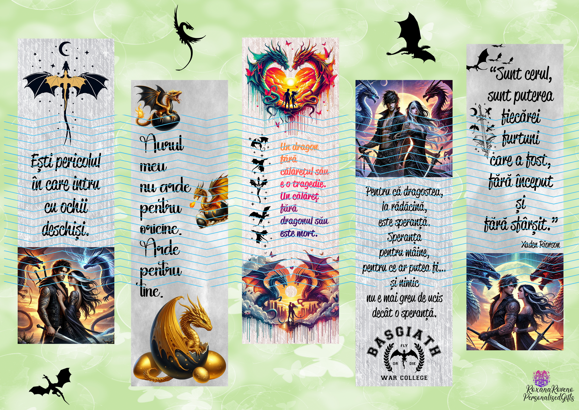 Dragon fantasy bookmark inspired by the Empyrean series by Rebecca Yarros, laminated design with English and Romanian quote... designed by Roxana Roveno