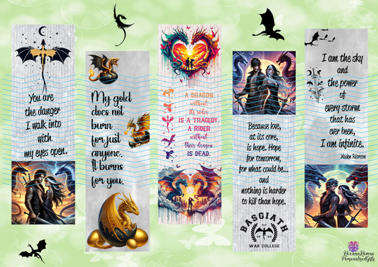 Fantasy dragon bookmark with quote inspired by Rebecca Yarros’ Empyrean series, bilingual English and Romanian design designed by Roxana Roveno
