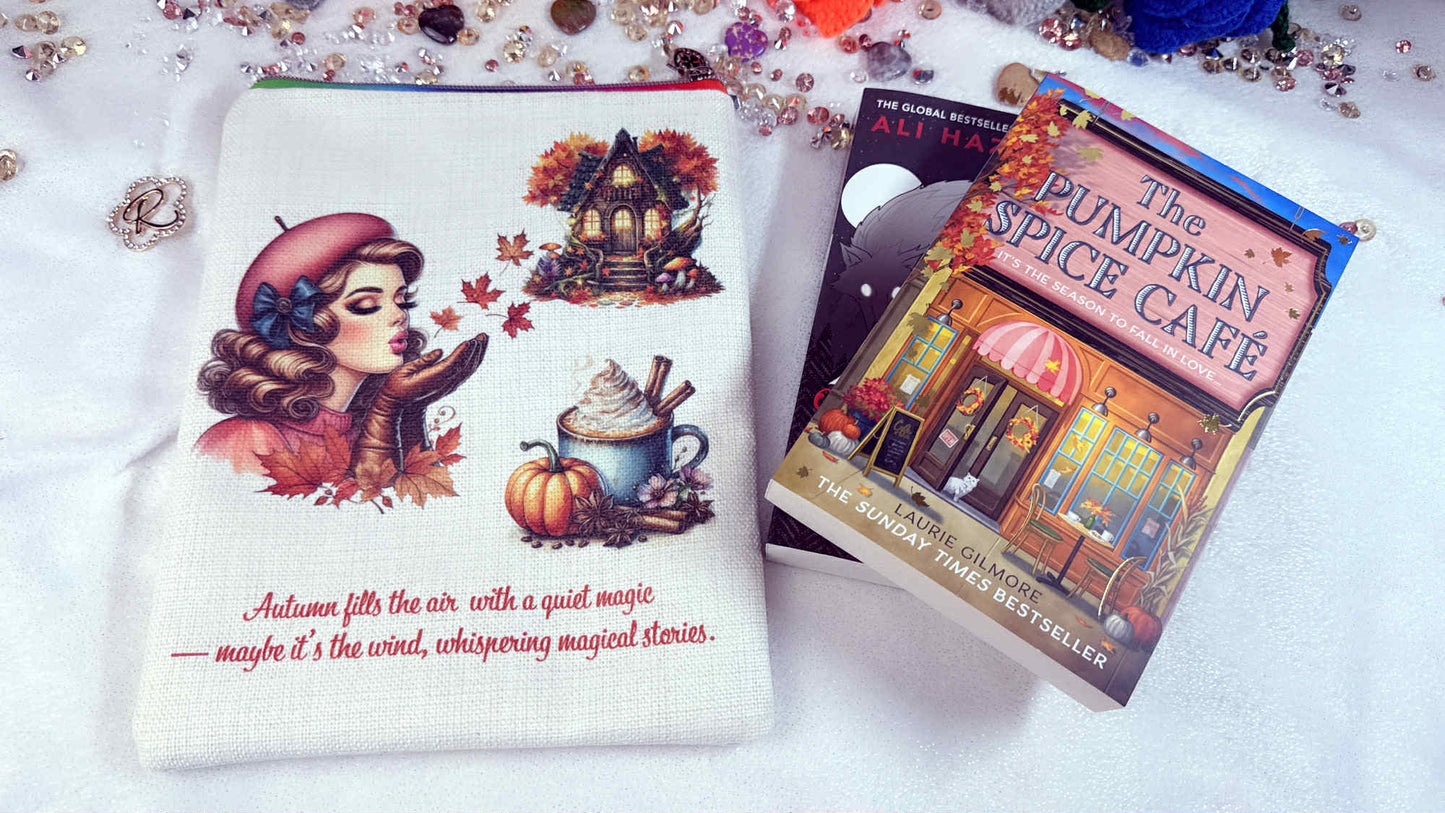 Autumn fills the air with a quiet magic Book Sleeve – Book Protector for Travel Reads Where every leaf tells a story. designed by roxana roveno front