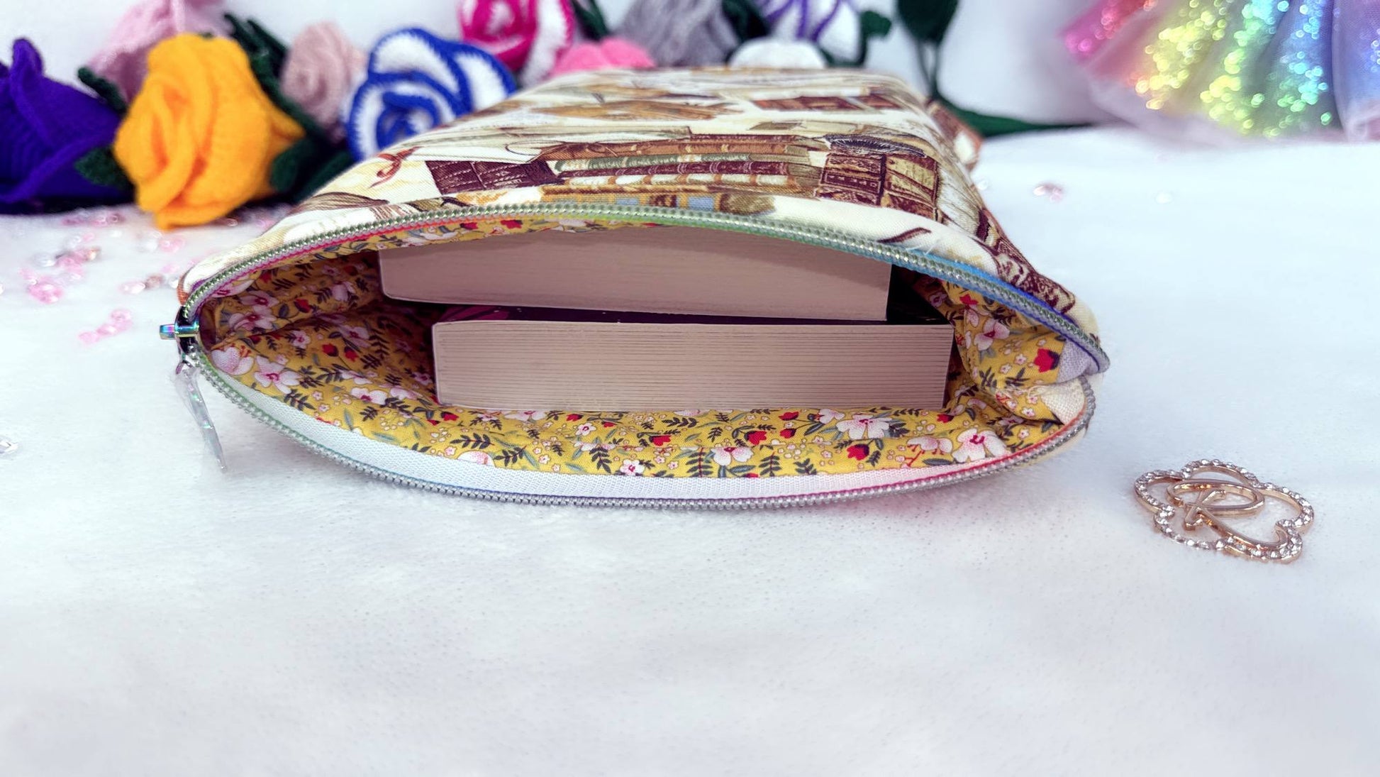 perfect protection for paperback books, book sleeve crafted by roxana roveno
Whether it’s a hardback edition, a slightly larger paperback, or a collector’s piece, this cover provides the perfect balance of protection and elegance.

Crafted from high-quality cotton fabrics with vibrant, coordinated designs, each cover features a durable yet flexible padded lining, keeping your book safe from bent corners, scratches or accidental spills while on the go. with beautiful rainbow zipp