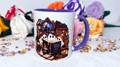 Spooky Tales Halloween mug with ghosts books pumpkins and purple handle