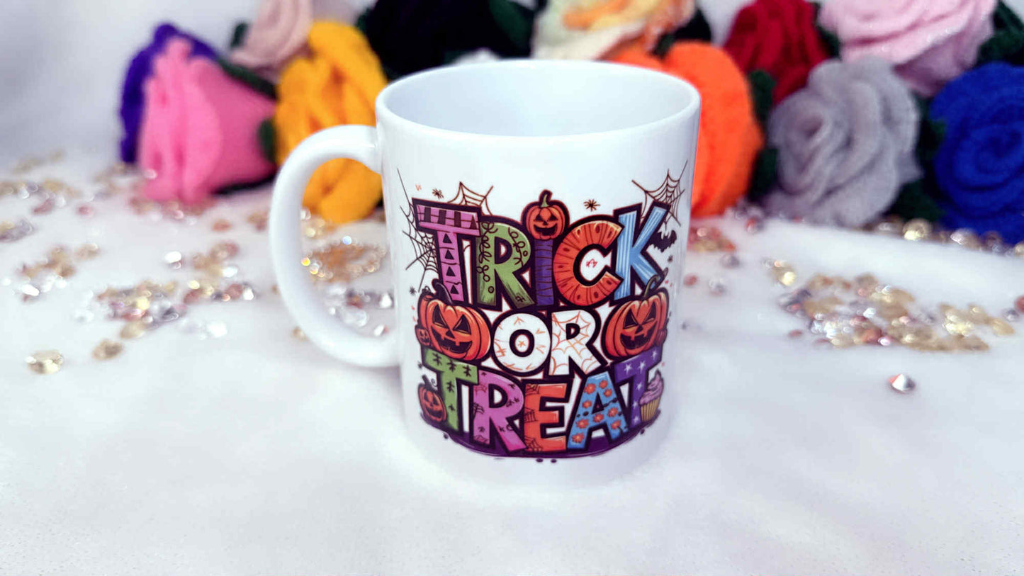 Colorful Halloween-themed mug with decorative background