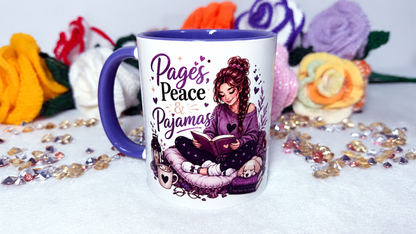 Pages Peace and Pajamas purple 11oz book lover mug with reading girl design, front view
