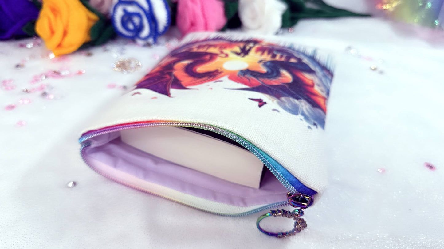 handmade personalised book sleeve "Dragon Rider, Book Lover"&nbsp;made from the highest quality materials and vibrant colors.&nbsp;The rainbow zip adds a stylish touch while providing excellent protection for your books, ensuring they remain safe wherever you go. These unique book sleeve provide protection for your favorite books, journals or notebooks. fits paperback b ooks like fourth wing