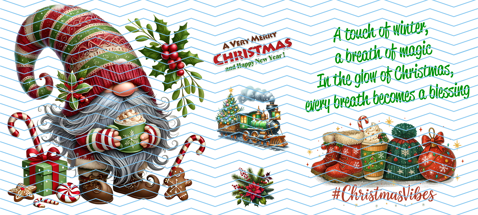 Christmas-themed envelope with a gnome, candy canes, and festive text.